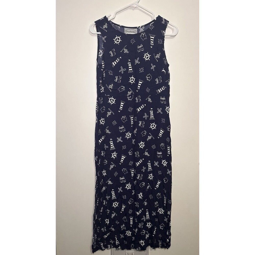 Vintage Navy Beach Dress Fish Resort Nautical Flowy Coastal Sz S Boho 90s